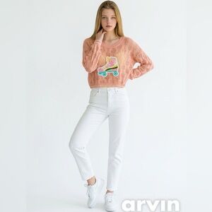 Judith March Pink Open‑Knit Roller Skate Patch Sweater | Size S